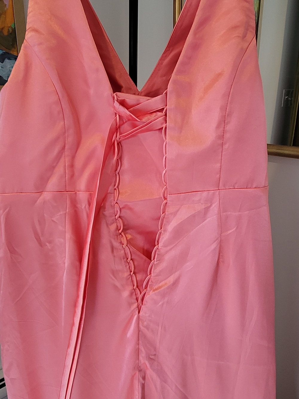 NWT WEAR YOUR LOVE Coral Satin Corseted Formal Gown High Slit Size 22 - Picture 7 of 16